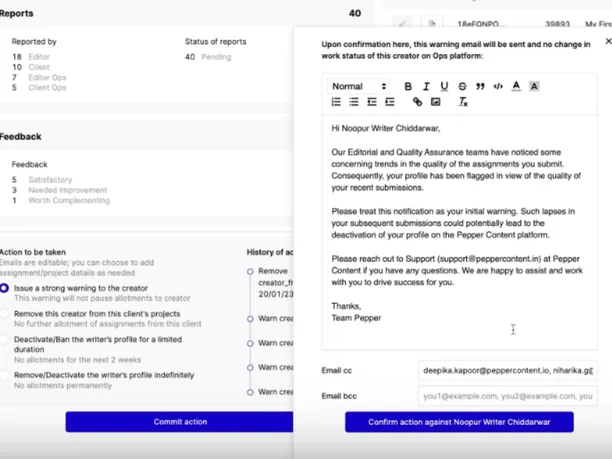 Pepper Content's Comprehensive Feedback & Grievance Resolution app on Retool