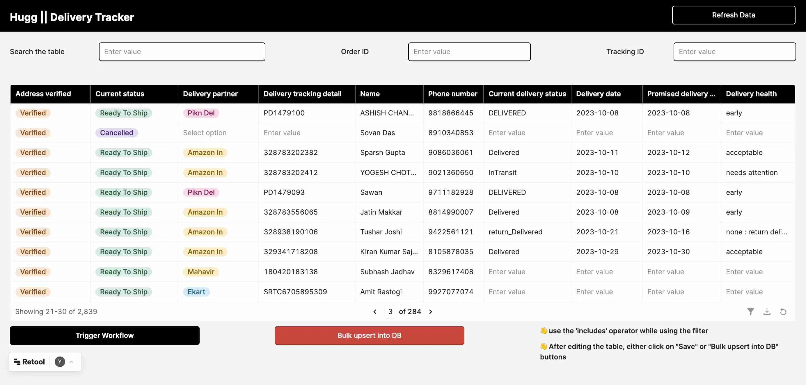 delivery tracking admin panel built on Retool