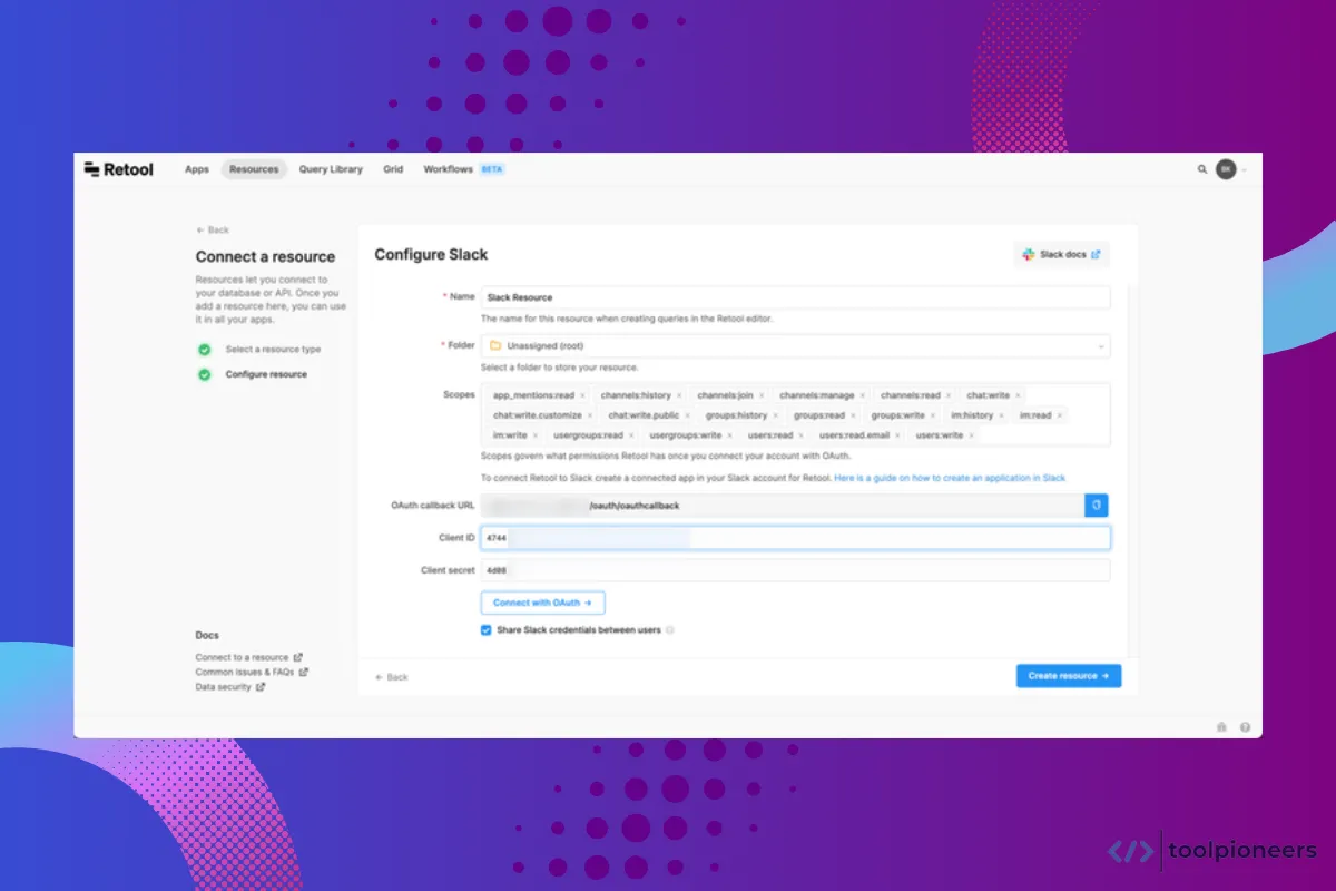 Connecting Retool App with Slack Channel
